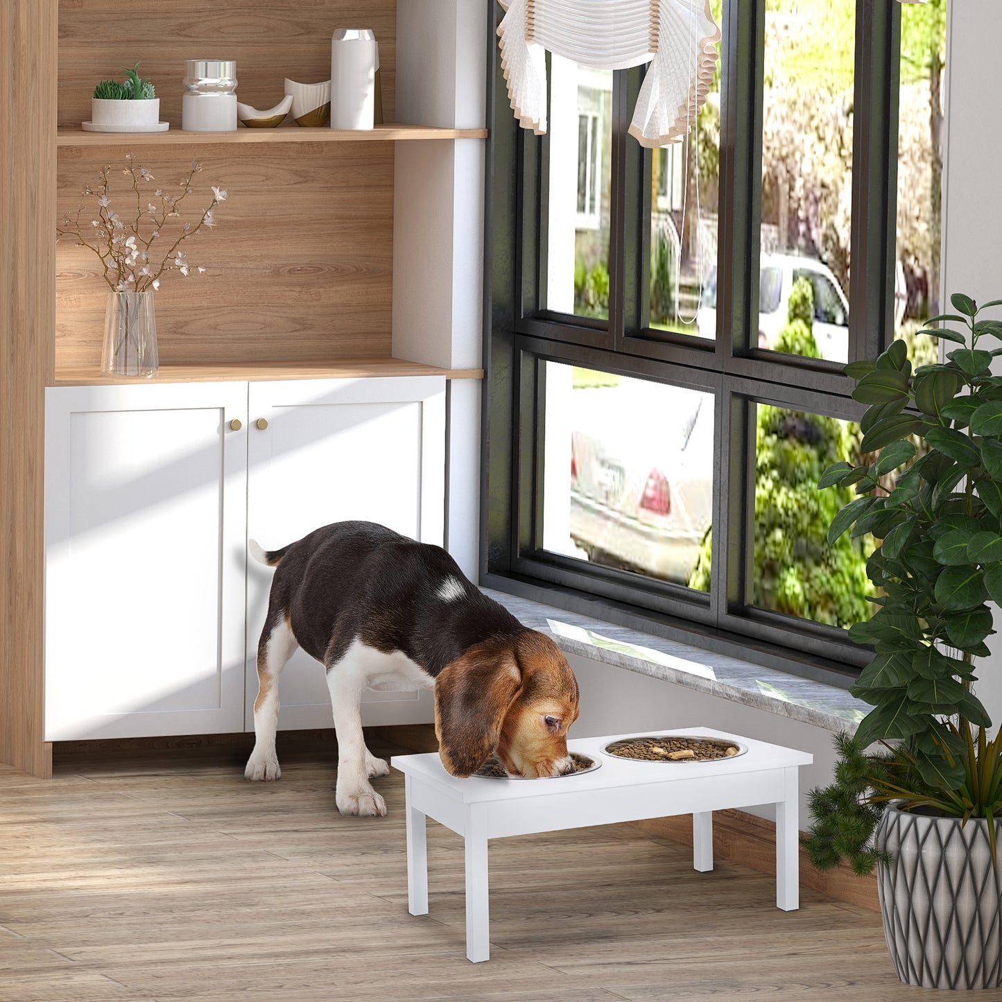 Heavy Duty Wooden Elevated Dog Food Bowls with Stand - White, 23 Inches