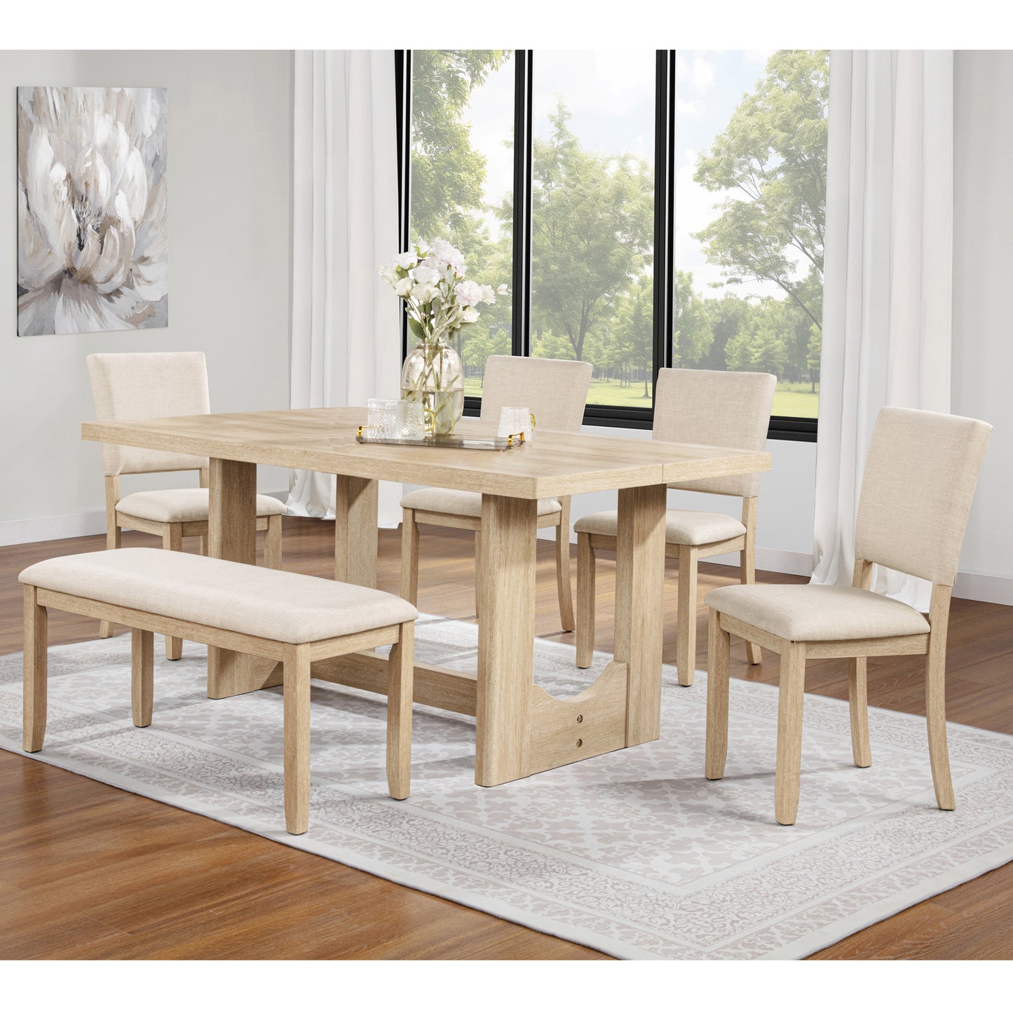 6-Piece Wooden Dining Table Set with Bench & Upholstered Chairs