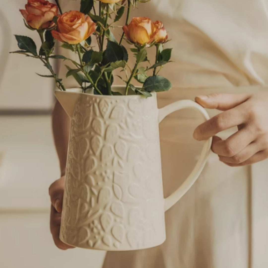 Minimalist Ceramic Vase for Home Decor - Forest Relief, Milk Jug Style