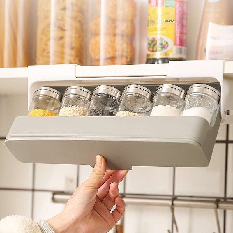 Hanging Kitchen Storage Rack with 6 Seasoning Bottles - Gray
