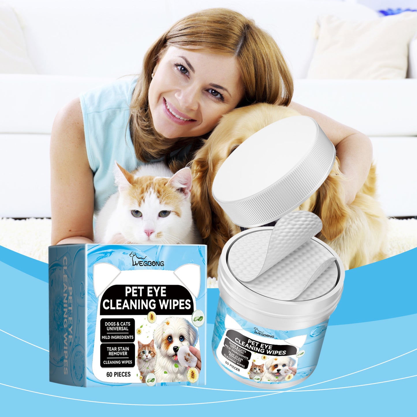 Pet Eye Cleaning Wipes for Dogs & Cats - Tear Stain Remover Pads, 60 Count