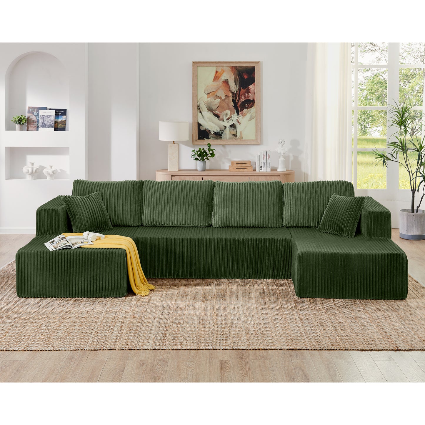 U-Shape Modular Sectional Sofa - Compressed Corduroy Couch - Green
