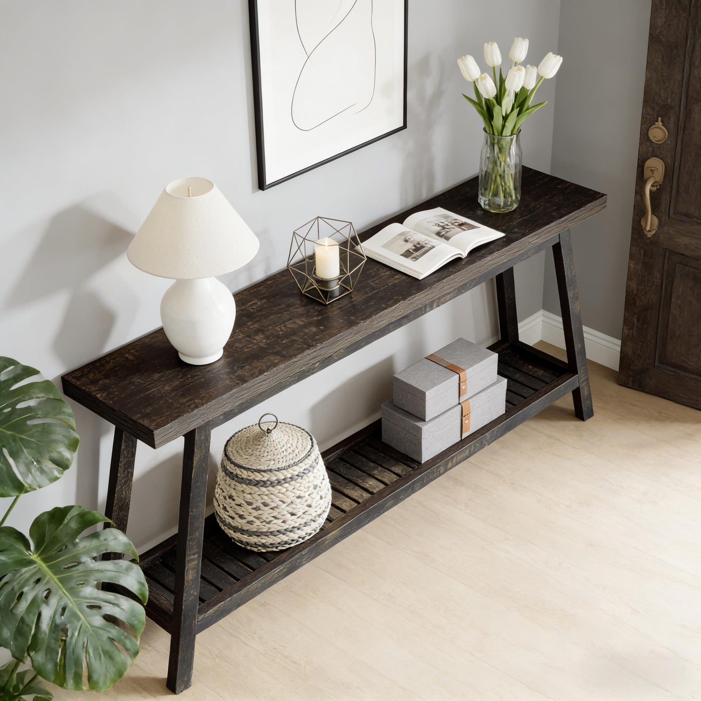 2-Tier Console Table - Rustic Farmhouse Side Table - Dark Brown