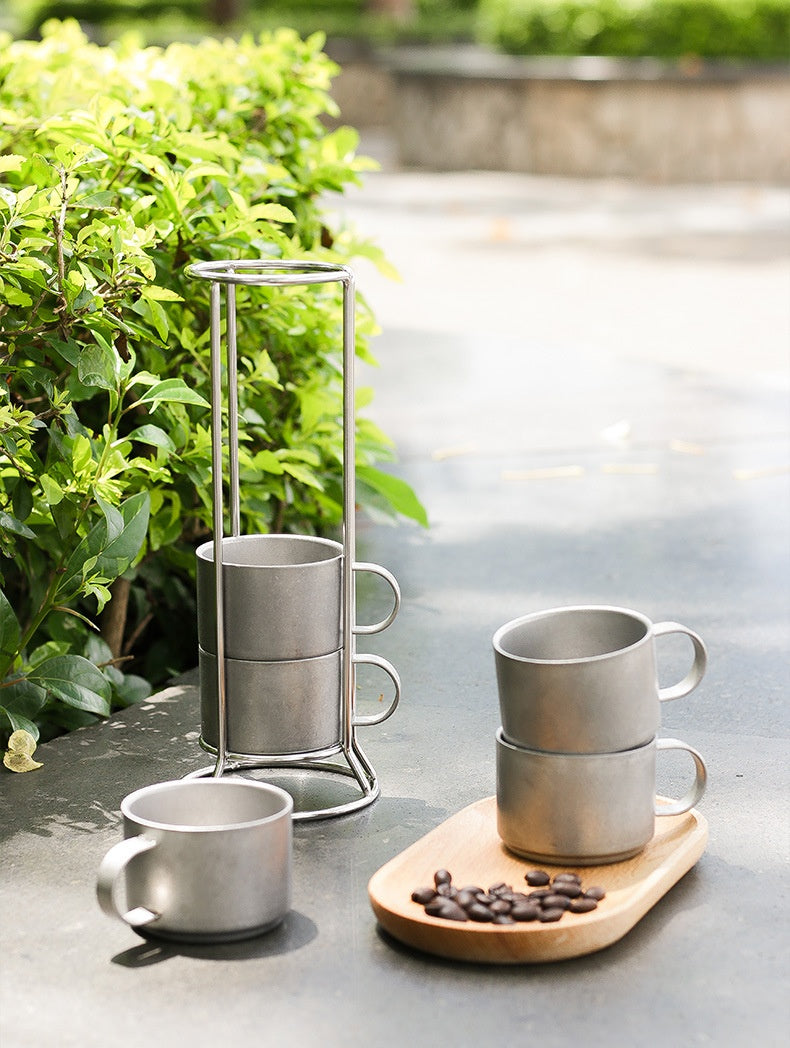 Outdoor Double-Deck Stainless Steel Coffee Cups Set with Storage Rack - Anti-Scald Insulated Drinkware