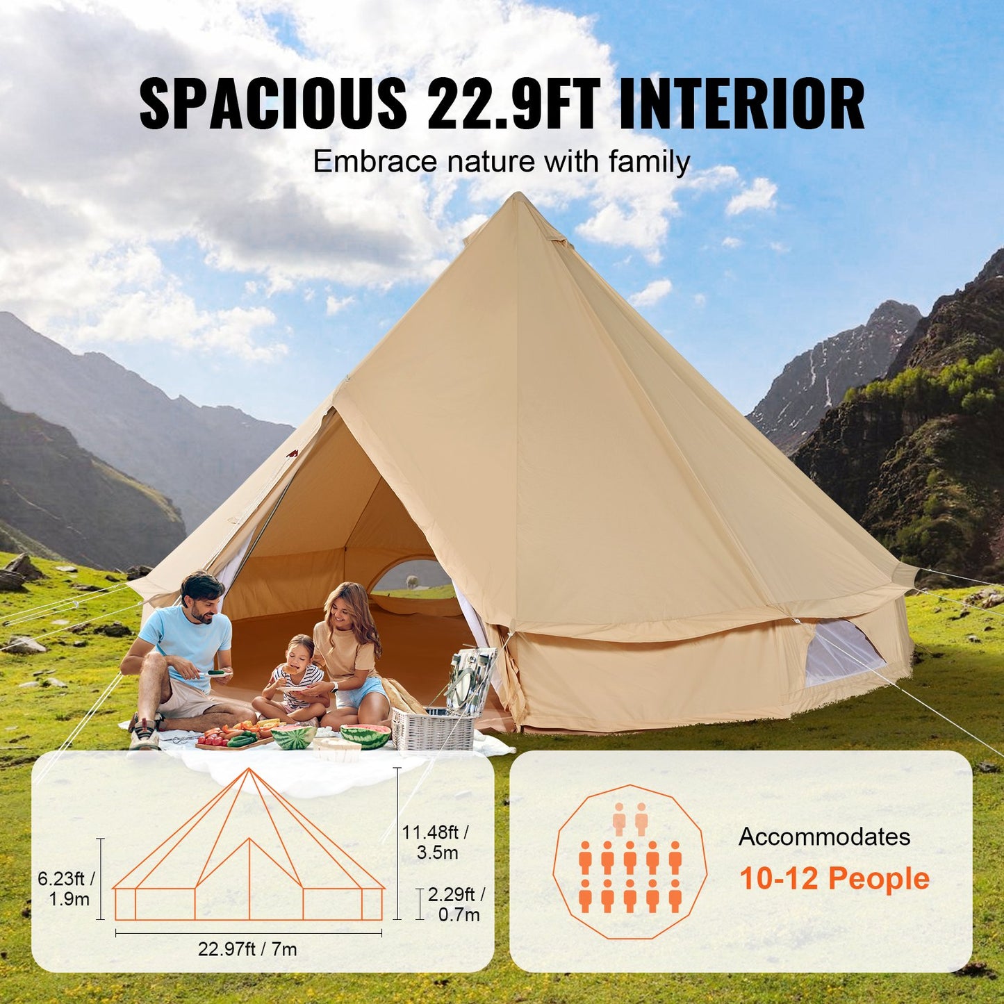 12 Person Canvas Bell Tent with Stove Jack Waterproof Breathable Large Yurt for Family Camping - 23x23 ft Beige
