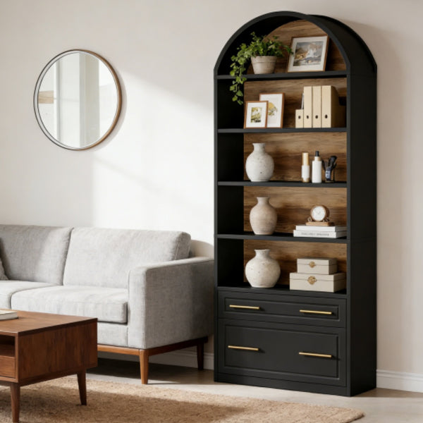 Elegant Tall Bookshelf with Arch Design and Storage Drawers
