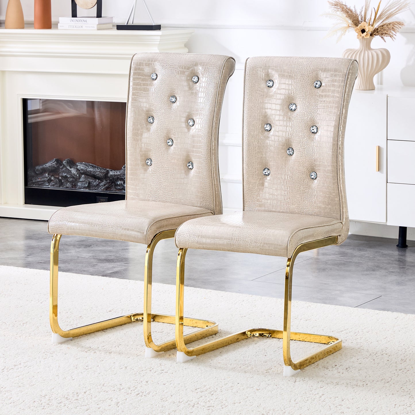 Set of 4 Beige Retro Upholstered Dining Chairs with Crystal Buckle