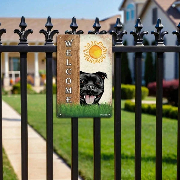 Vintage Staffordshire Bull Terrier Dog Welcome Metal Sign - 8"