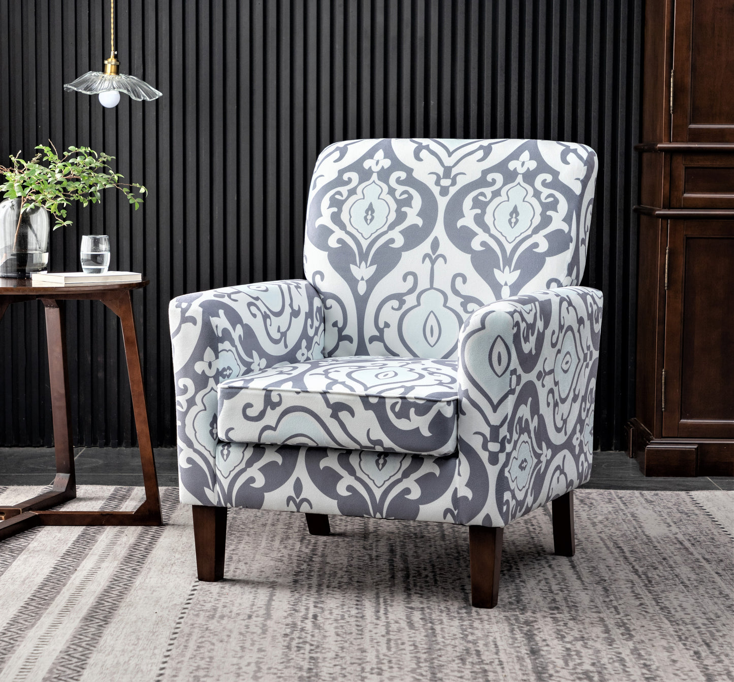 Patterned Polyester Blend Armchair, Solid Birch Wood Frame With Brown