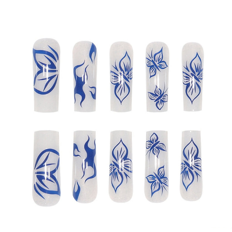 Blue Butterfly Press On Nails - Long Square False Nail Tips, 24 Pcs