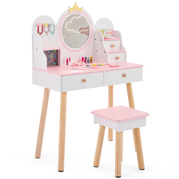 4-Drawer Children's Dressing Table Set - White & Pink Crown