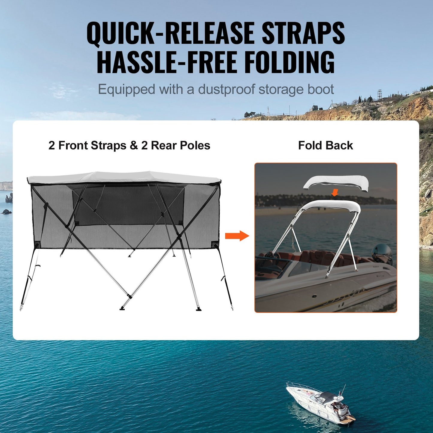 Bimini Top Boat Cover with Detachable Mesh Sidewalls - Grey