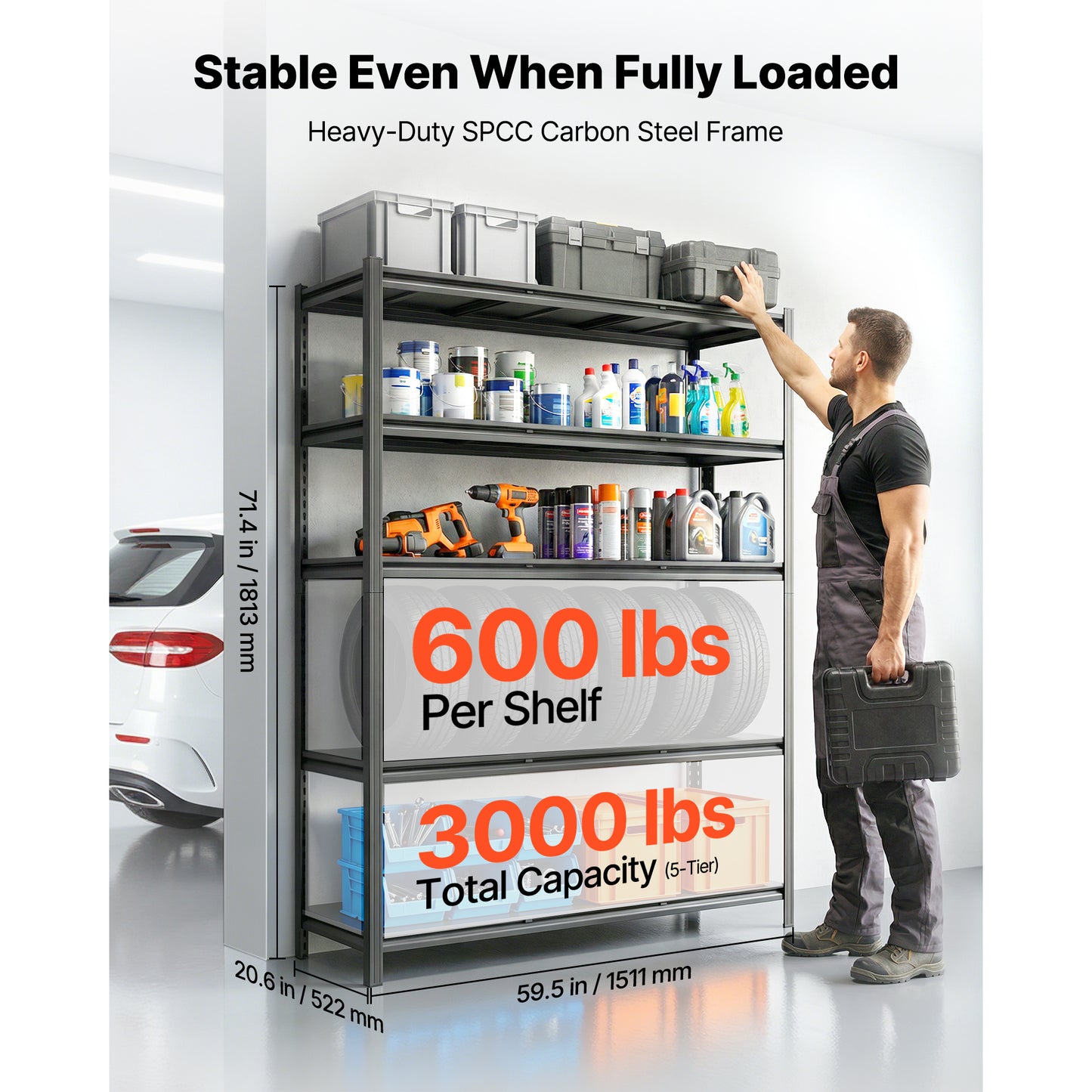 Heavy Duty Garage Storage Shelves - 5-Tier Adjustable Metal Utility Rack, 3000 Lb Capacity