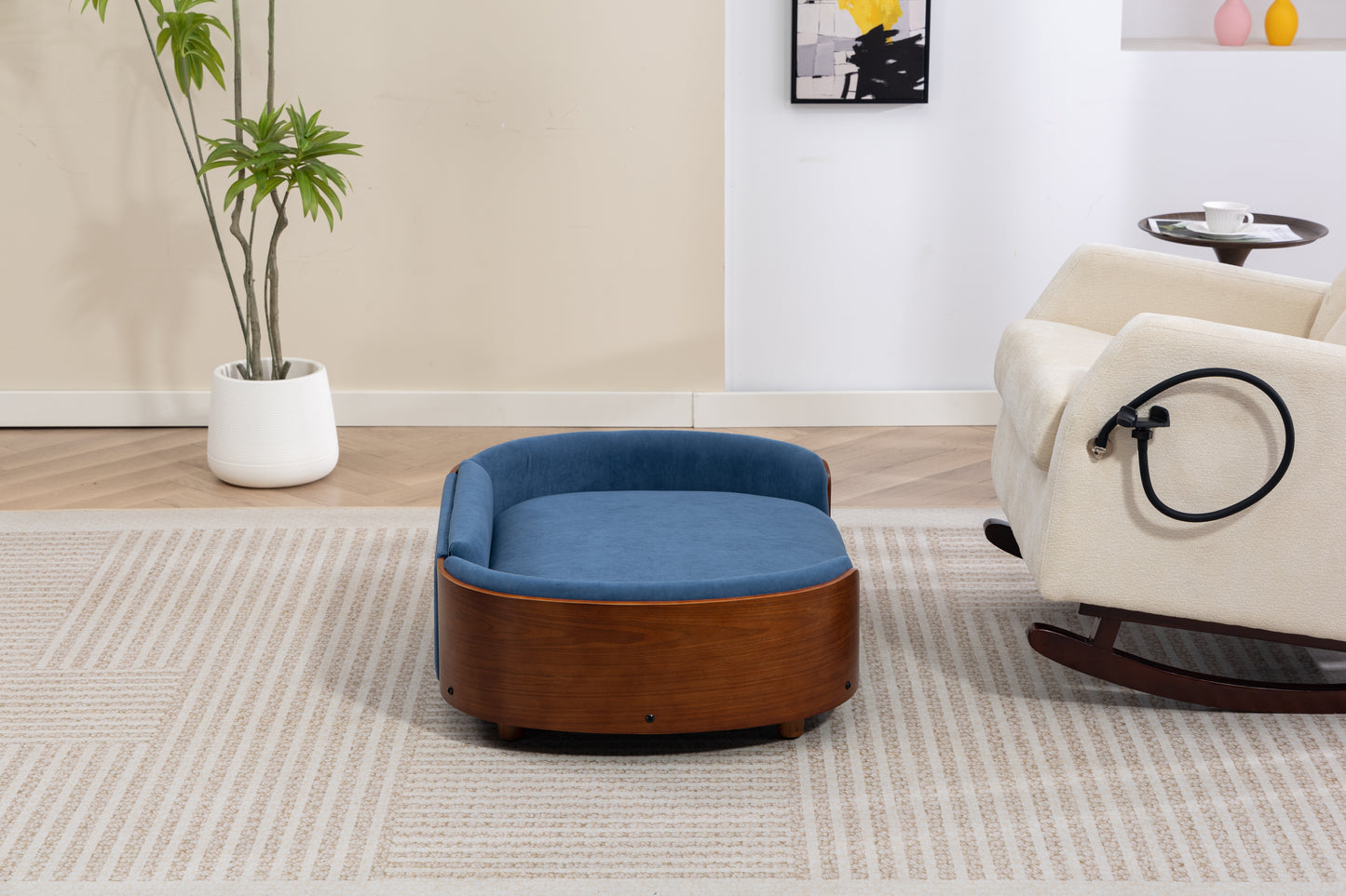 Large Scandinavian Style Elevated Dog Bed with Velvet Cushion and Solid Wood Legs
