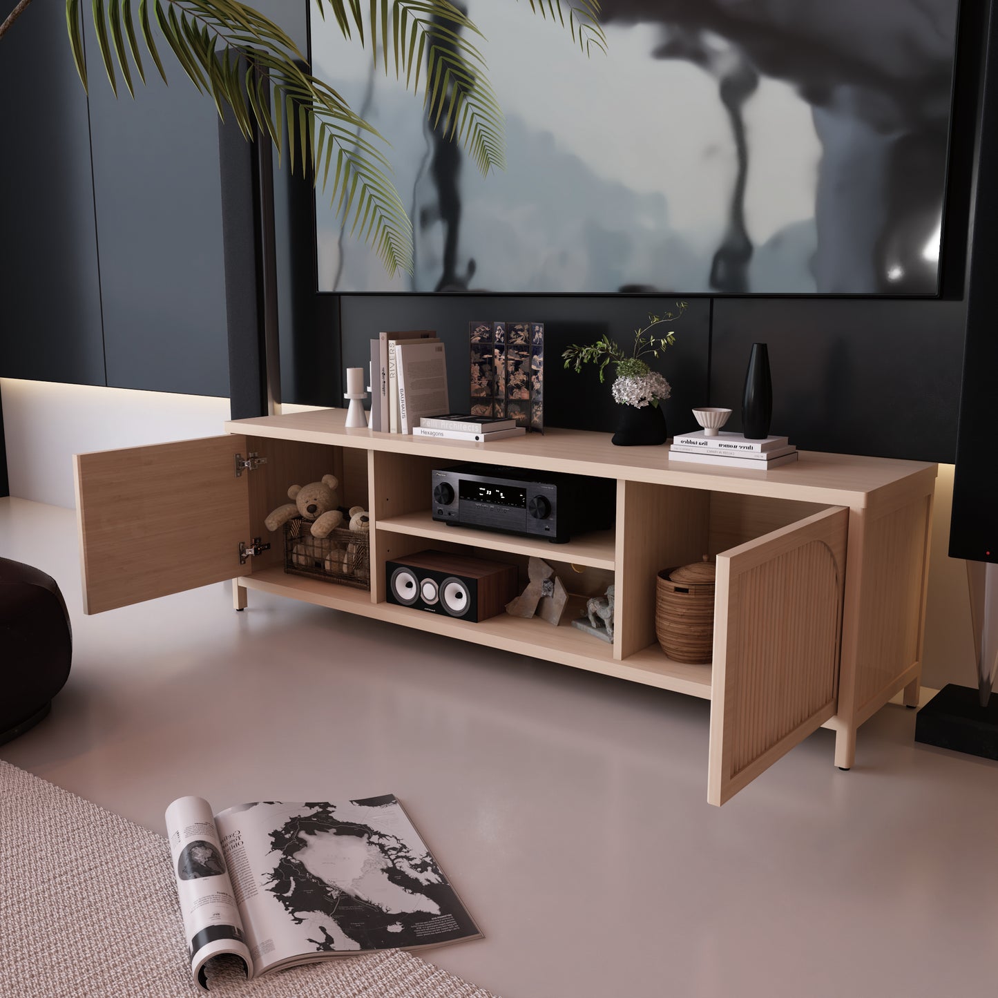 Bamboo TV Cabinet with 2-Tier Shelves - Natural
