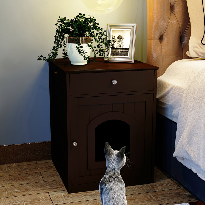 Black Wooden Cat Litter Box Enclosure with Drawer & Side Table - Indoor Pet Nightstand