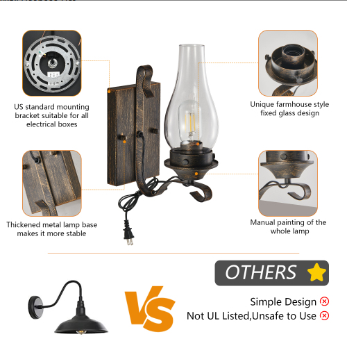 Set of 2 Rustic Farmhouse Plug-in Wall Sconces with Glass Shades - Black & Gold