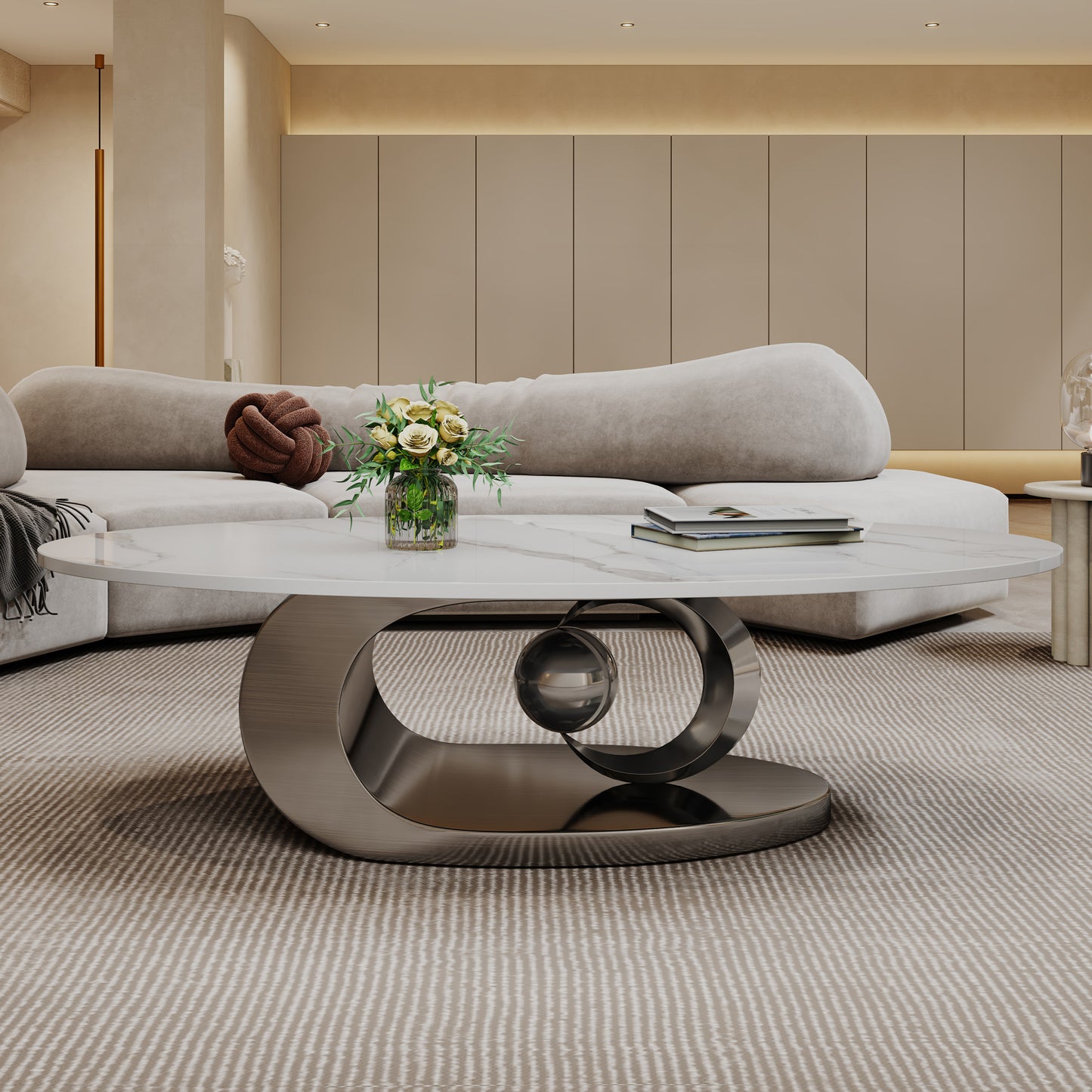 Marble Coffee Table with Sculptural Stainless Steel Base - Grey White