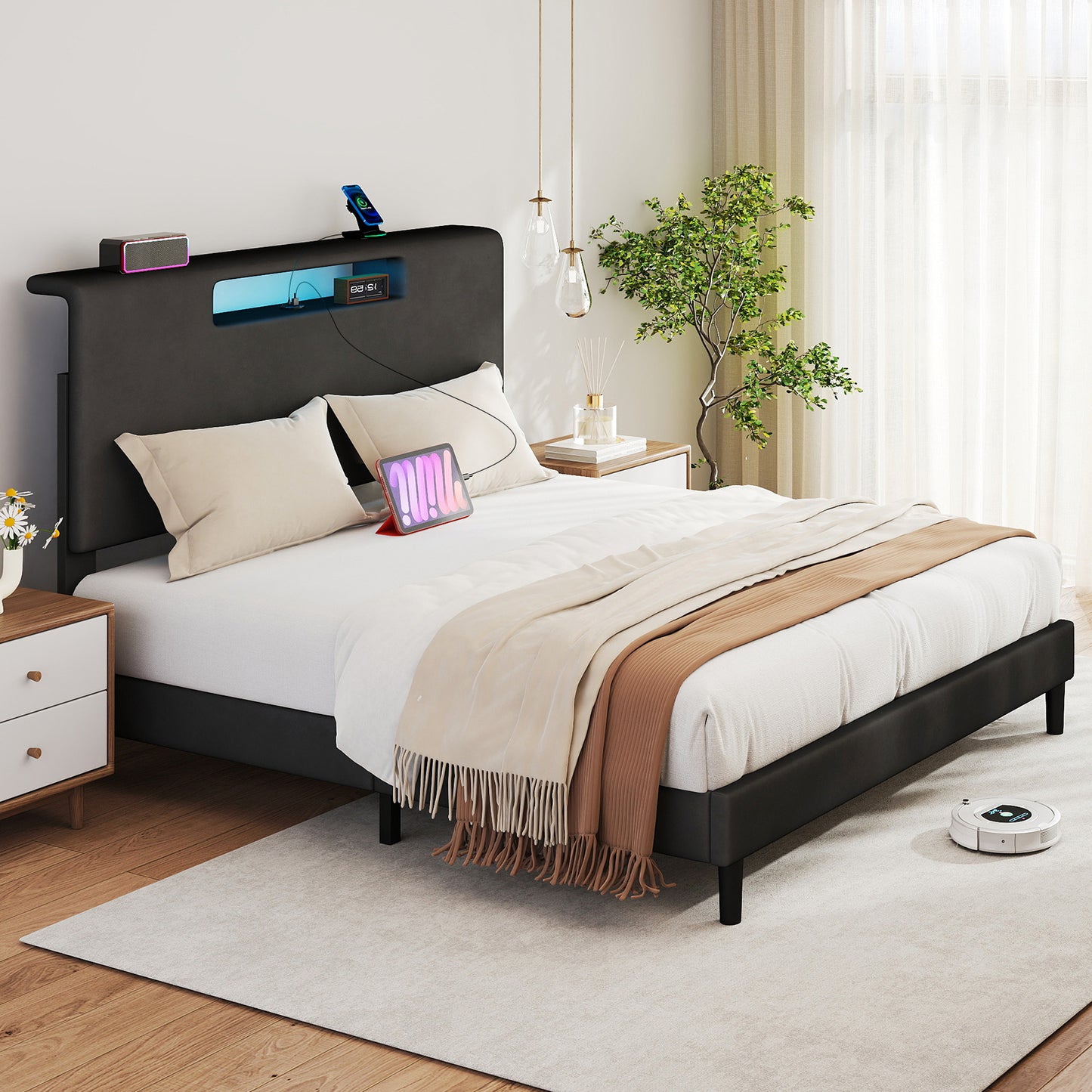 Full Size Upholstered Bed Frame With High Headboard Adjustable LED