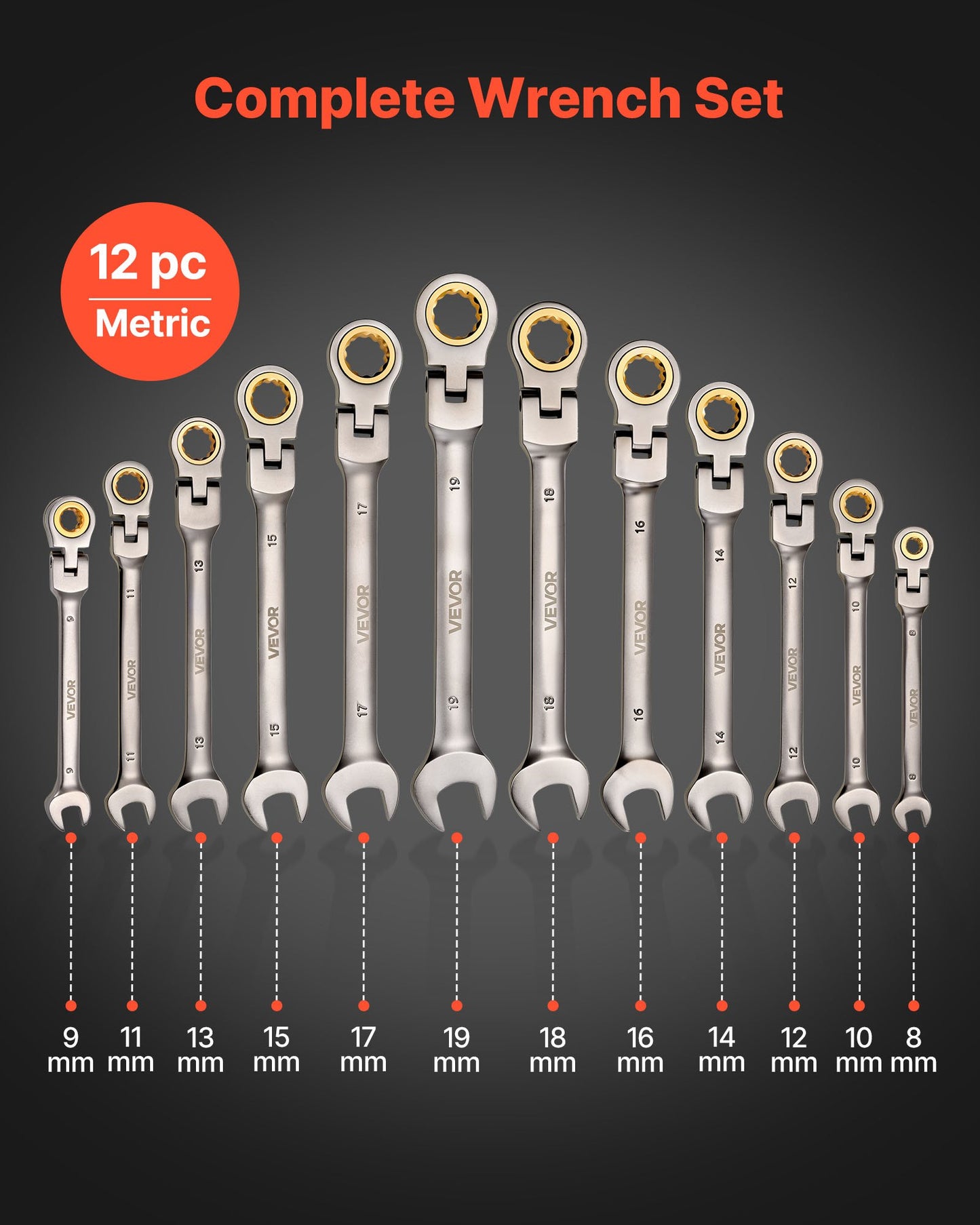 12-Piece Metric Flex-Head Ratcheting Wrench Set - Cr-V Steel, 8-19mm, Flexible Combination Wrenches with Pouch