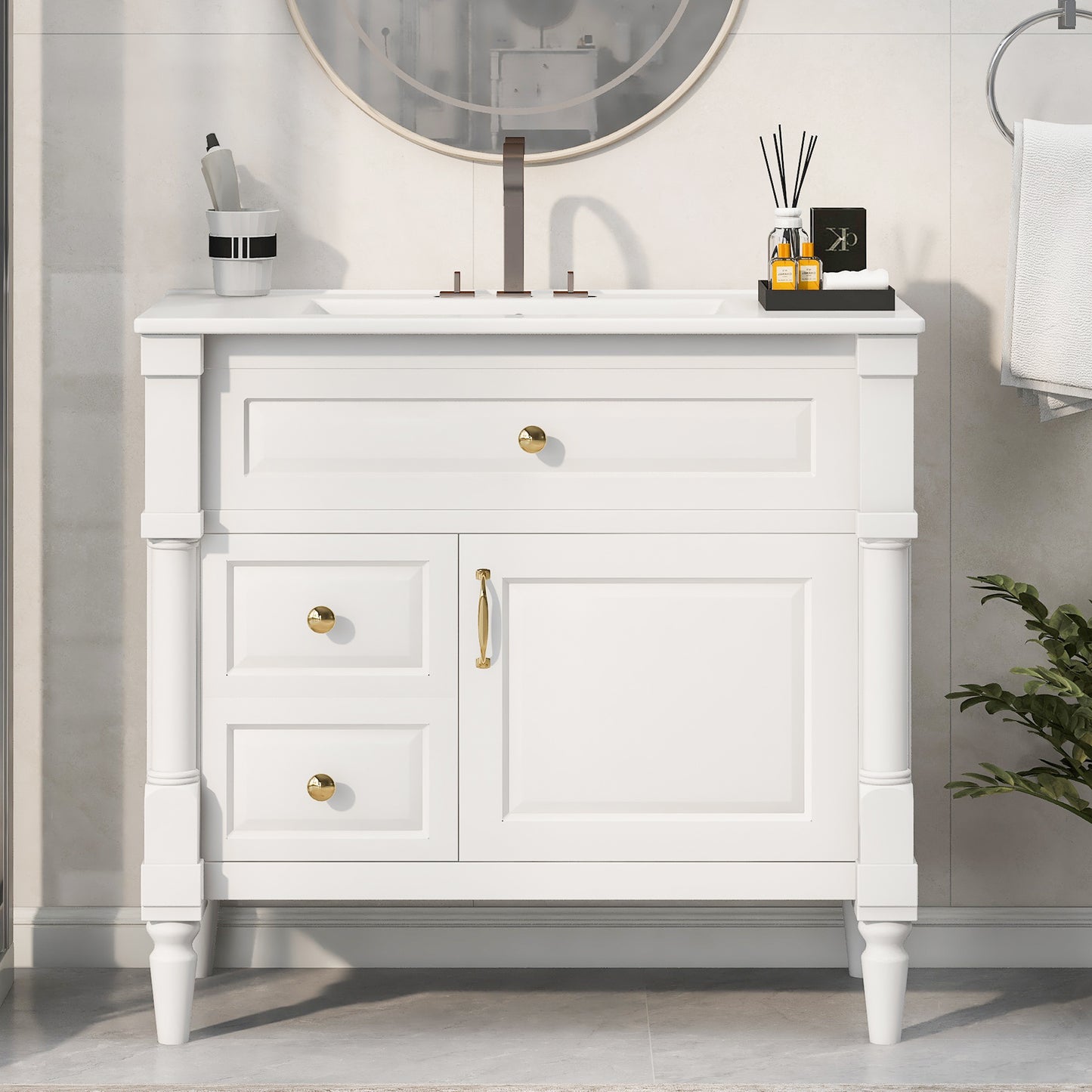 36" Bathroom Vanity with Sink - Freestanding Cabinet, White