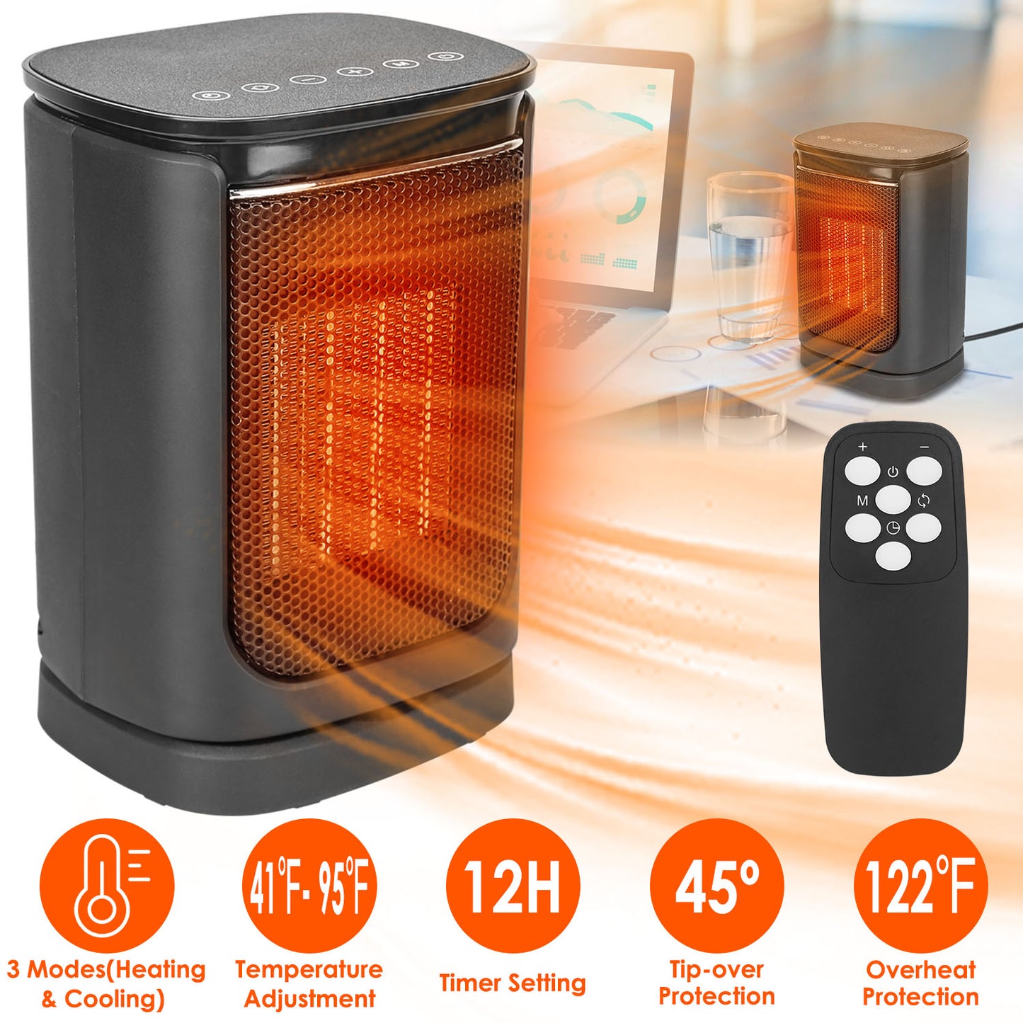 1500W Oscillating Ceramic Space Heater with Remote - Indoor Home & Office Heating
