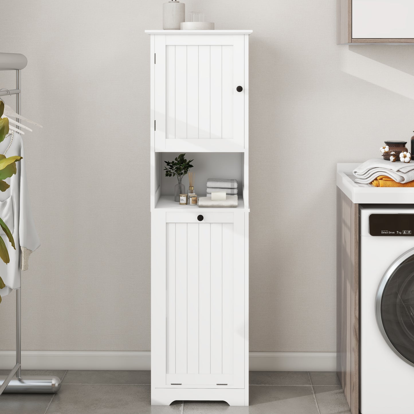 One-Door Tilt-Out Laundry Sorter Cabinet - White MDF