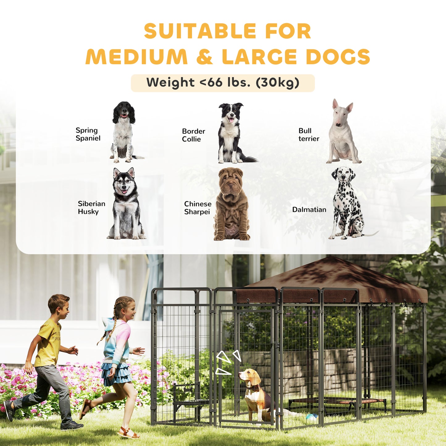 Outdoor Dog Kennel with Waterproof Canopy, Large & Medium Breeds, Secure Lock