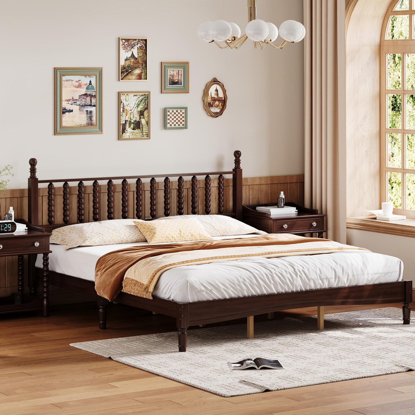 King Size Wood Platform Bed With Gourd Shaped Headboard,Retro Style