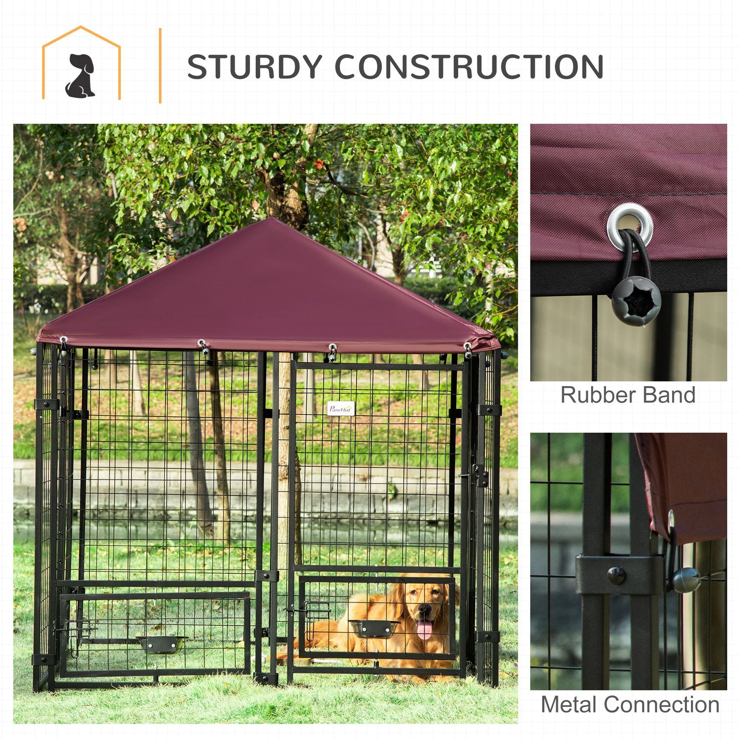 Outdoor Dog Kennel with Rotating Bowls Waterproof Cover 55x55x60in Red