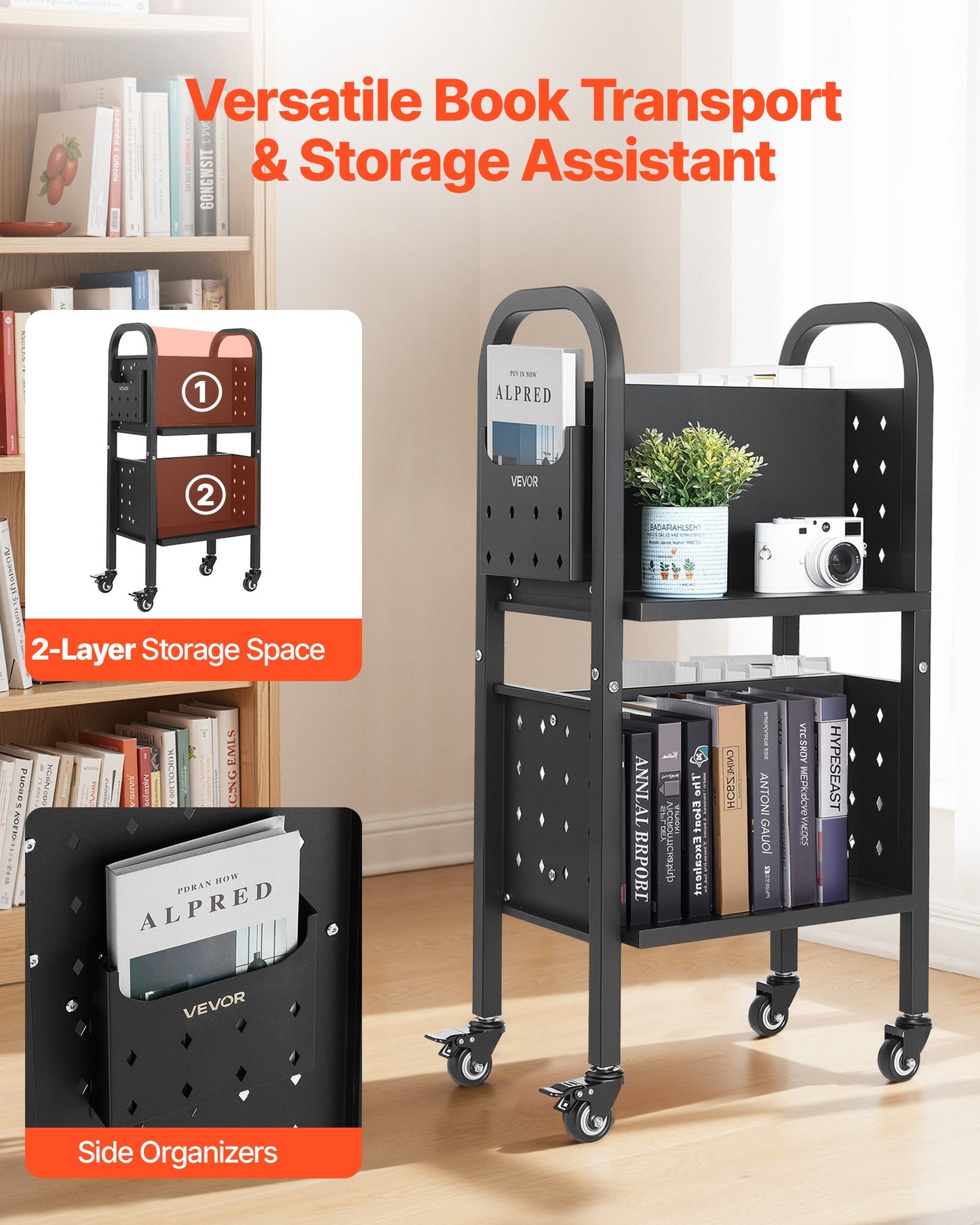 2-Tier Rolling Book Cart with Locking Casters - Black, Heavy-Duty Steel