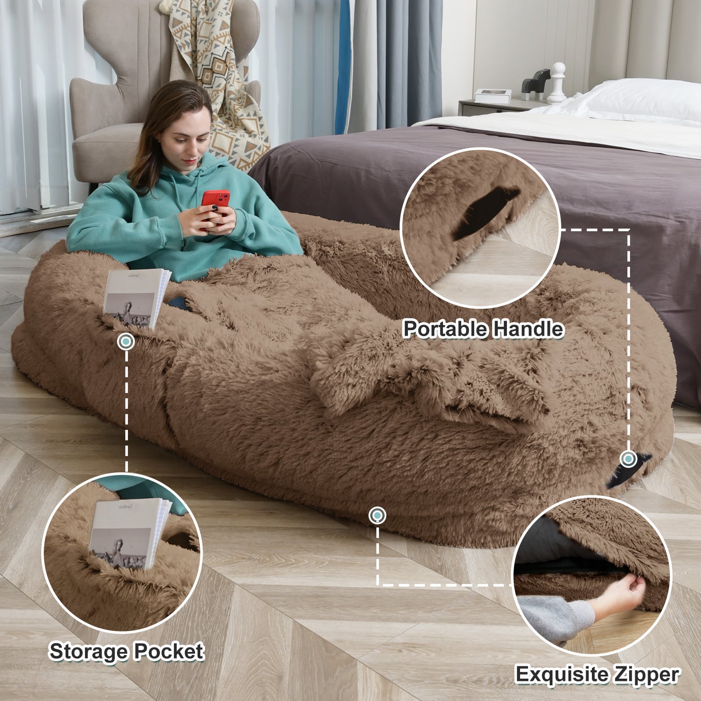 Large Washable Faux Fur Dog and Human Lounge Bed with Orthopedic Support, Pillow & Blanket