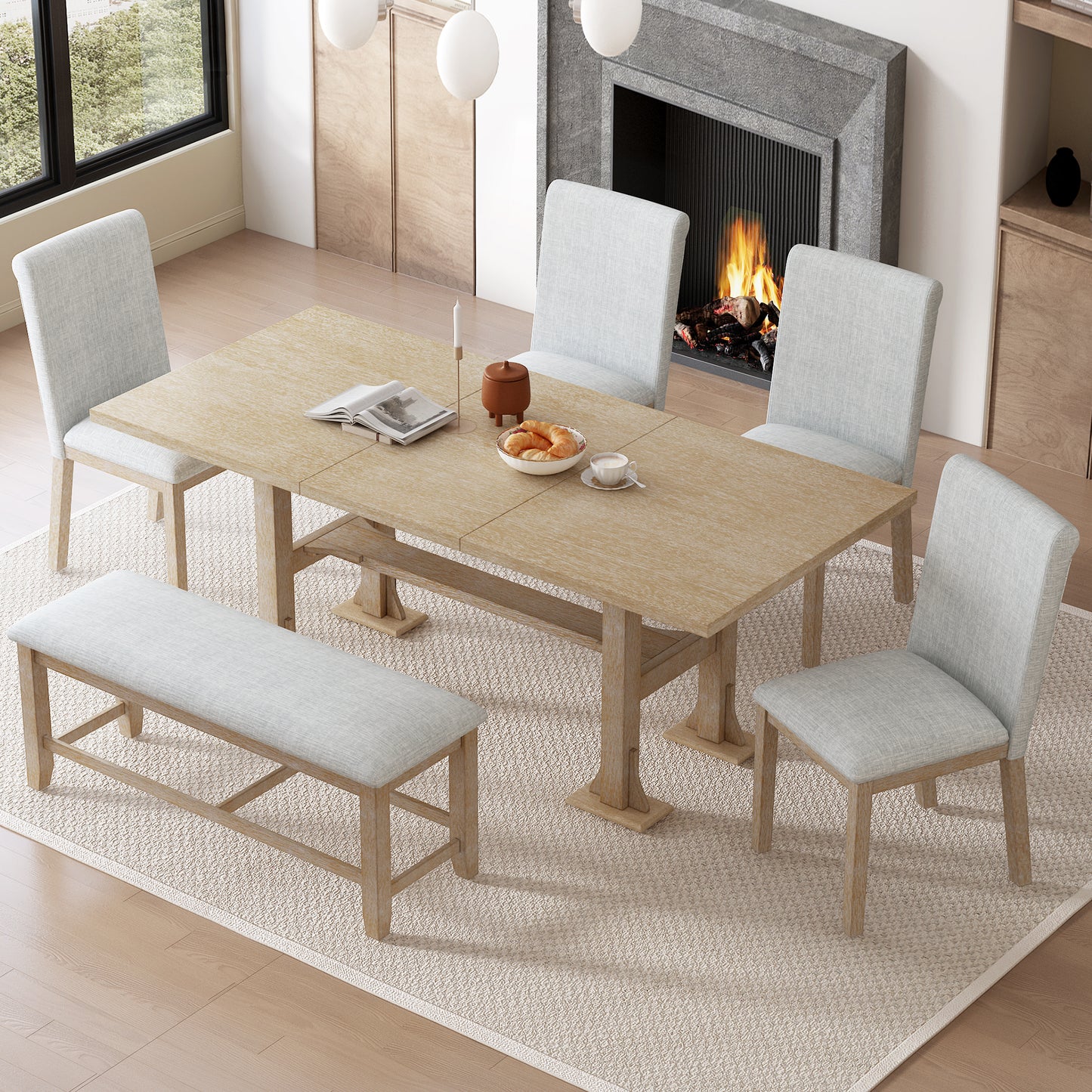76-Inch 6-Piece Extendable Dining Table Set with Chairs & Bench - Light Gray