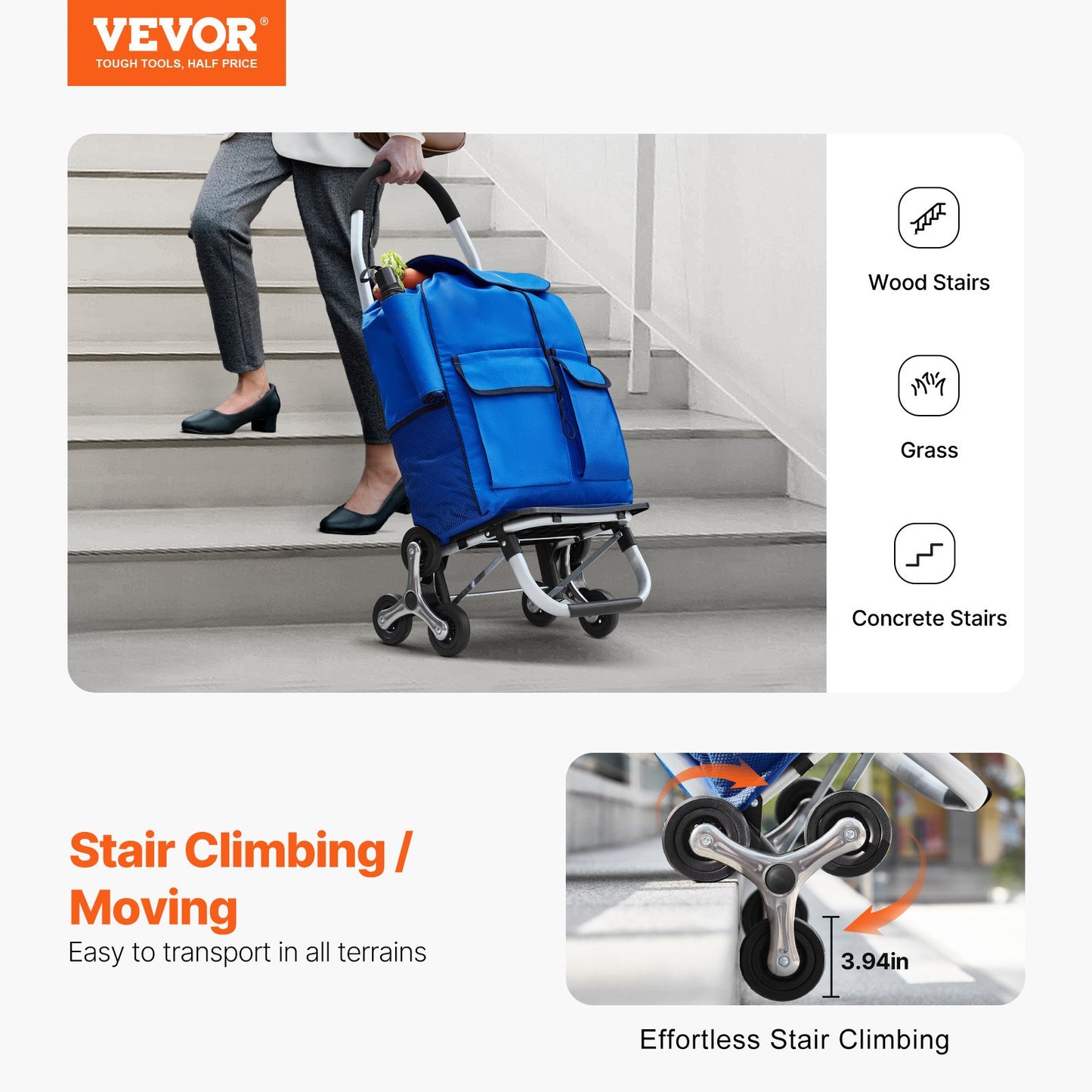 Foldable Stair Climbing Shopping Cart 36L with 6 Wheels & Storage Bag
