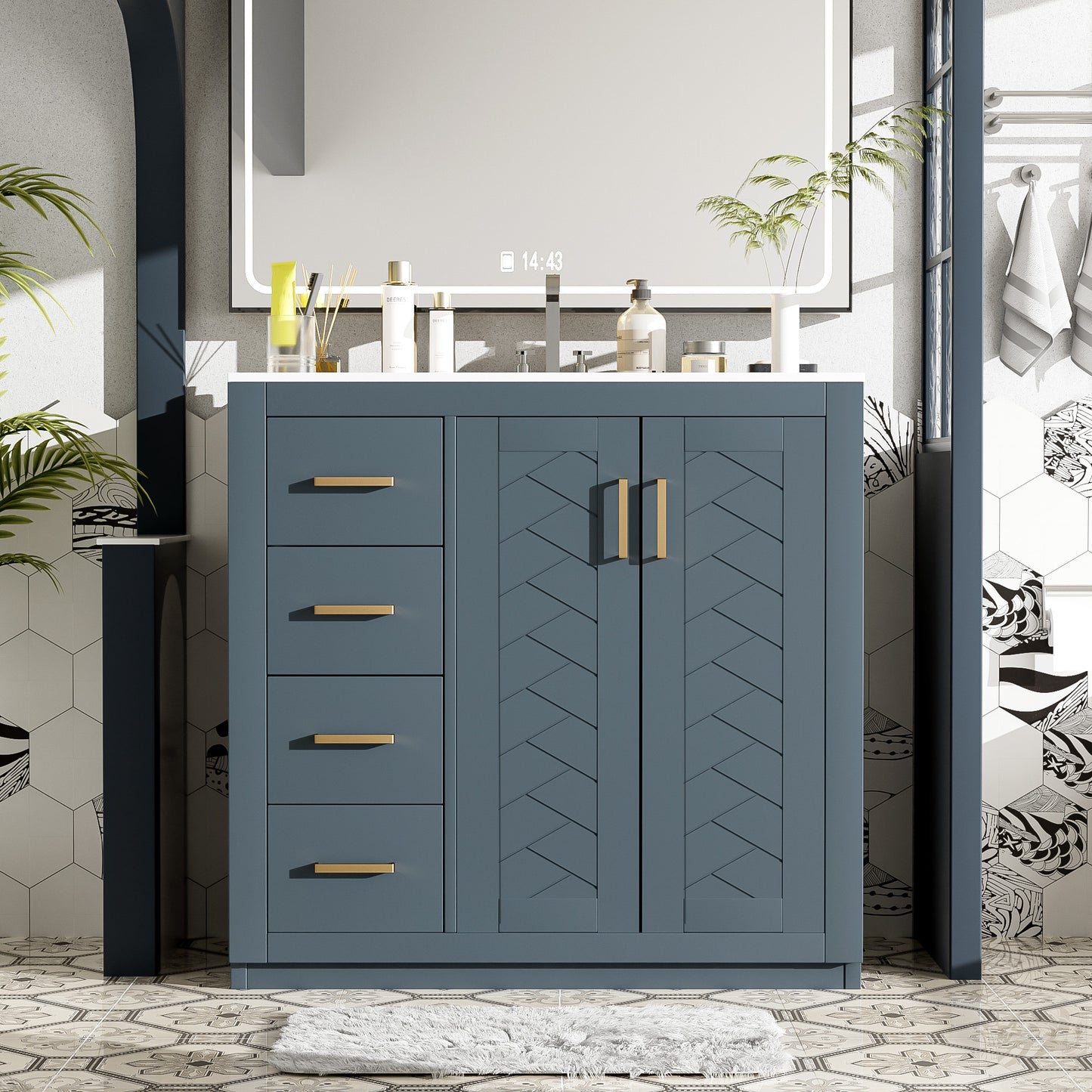 36-Inch Blue Bathroom Vanity with Ceramic Sink & Storage Cabinet