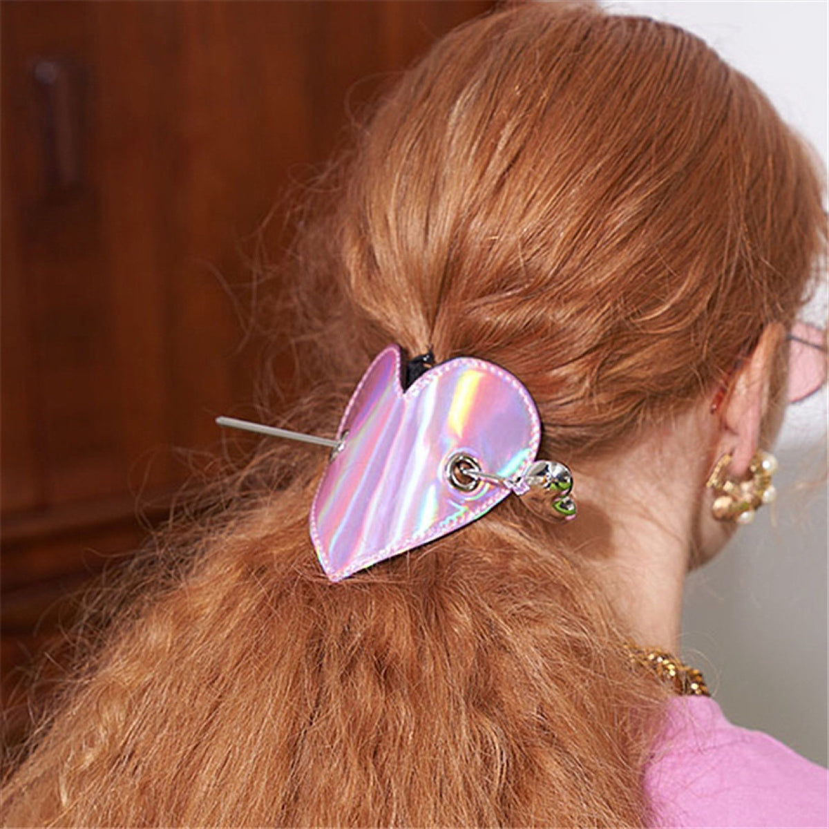 Heart Sequin Leather Hairpin - Pink