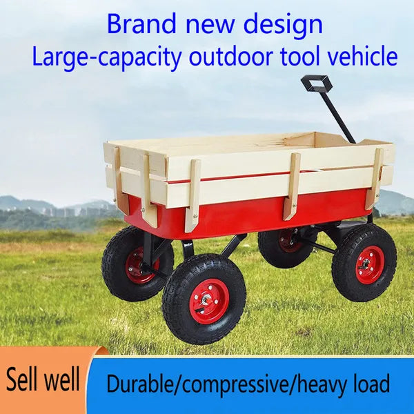 Outdoor Garden Wagon with Wooden Side Panels and Air Tires - Heavy Duty Utility Cart
