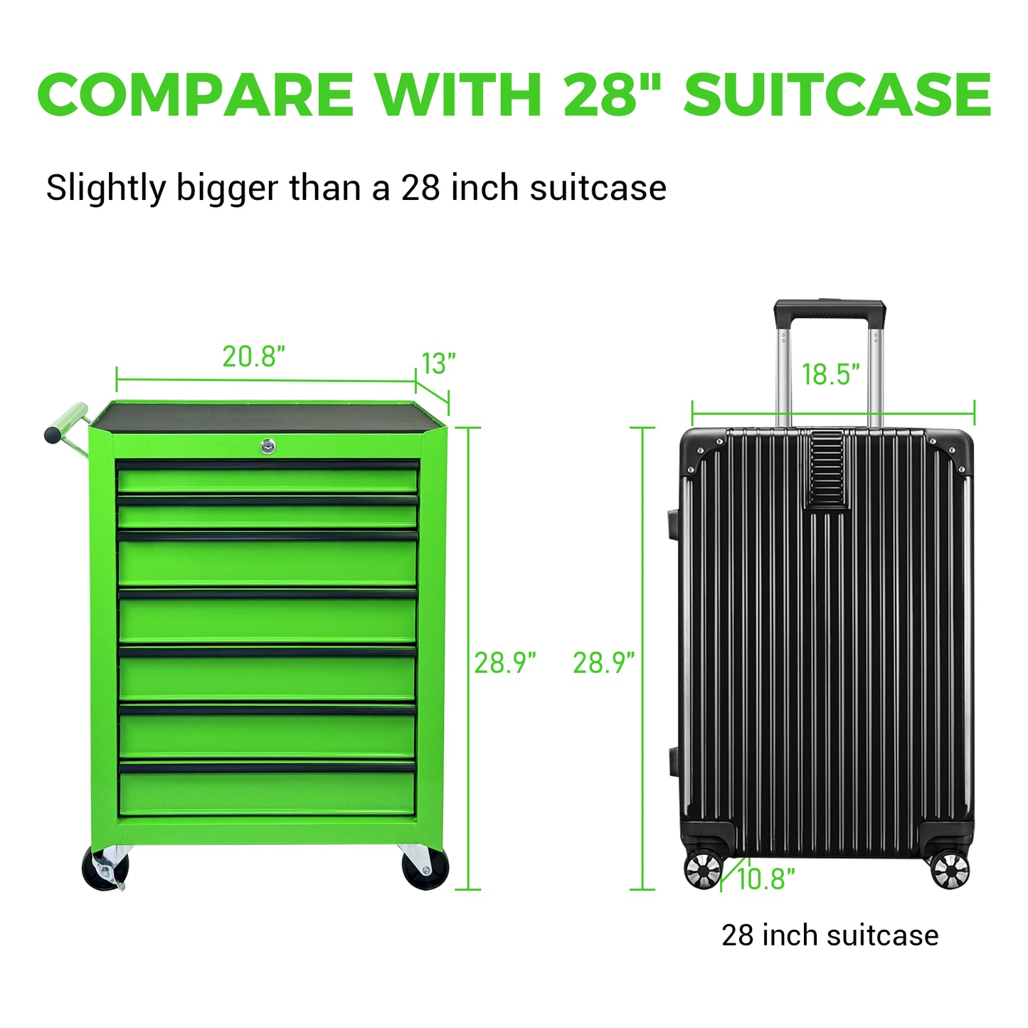 Green Metal Rolling Tool Chest with 7 Drawers - 20-Inch Storage Cabinet