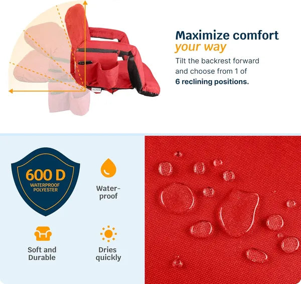 Heated Reclining Stadium Seat with Back Support - Red, 21" Wide