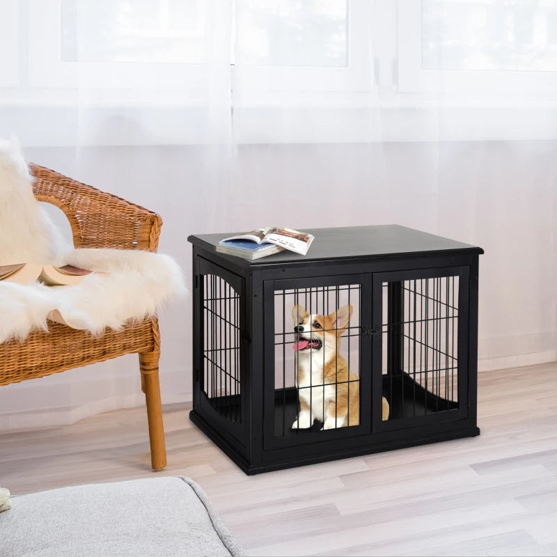 Small Dog Cage End Table with Lockable Doors - Indoor Pet House & Kennel