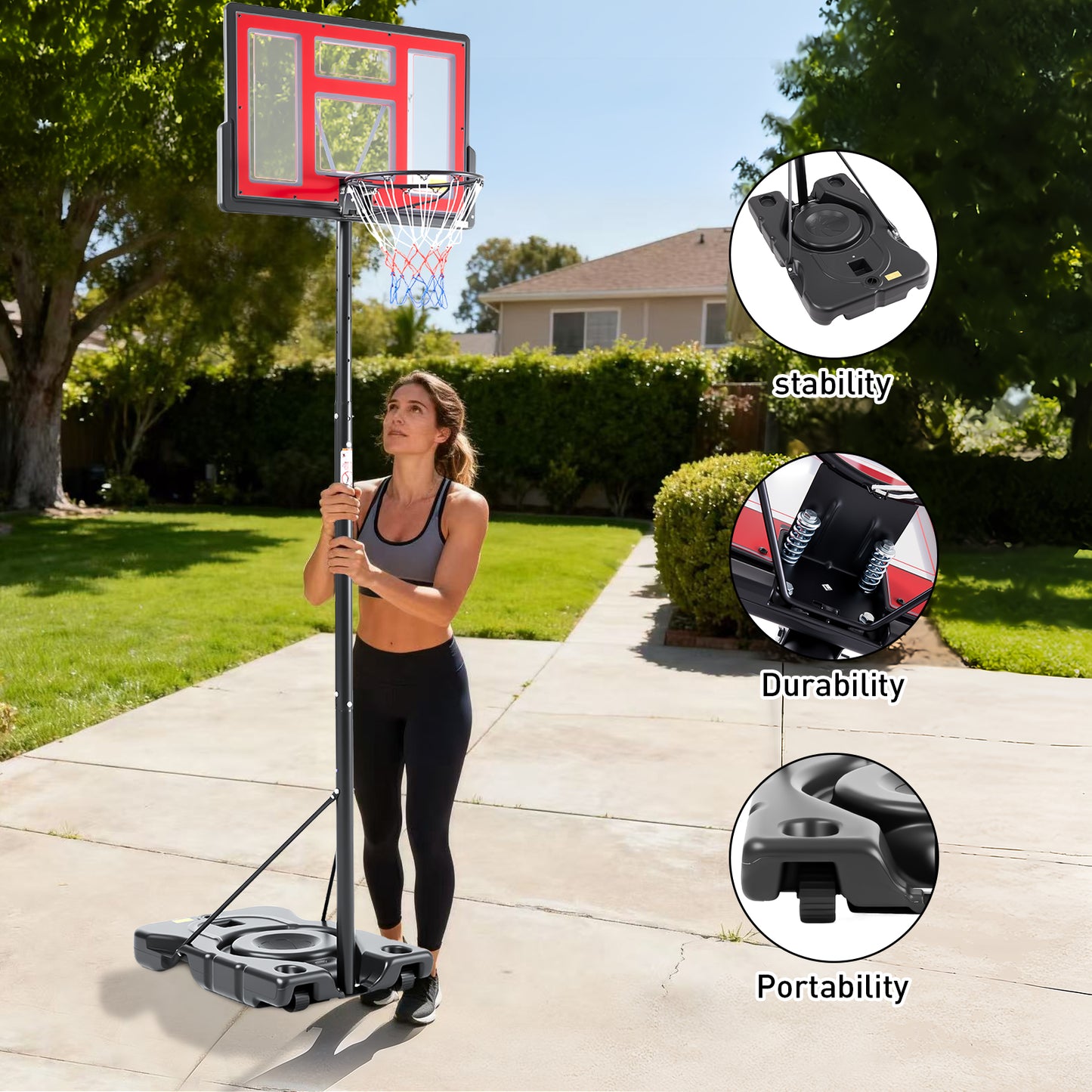Adjustable Height Portable Basketball Hoop - 44 Inch Backboard, Red
