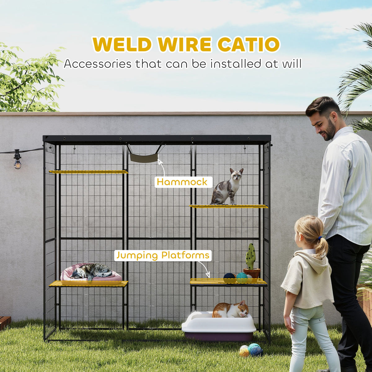 Outdoor Cat Enclosure with Waterproof Cover, 4 Platforms & Hammock for 1-3 Cats