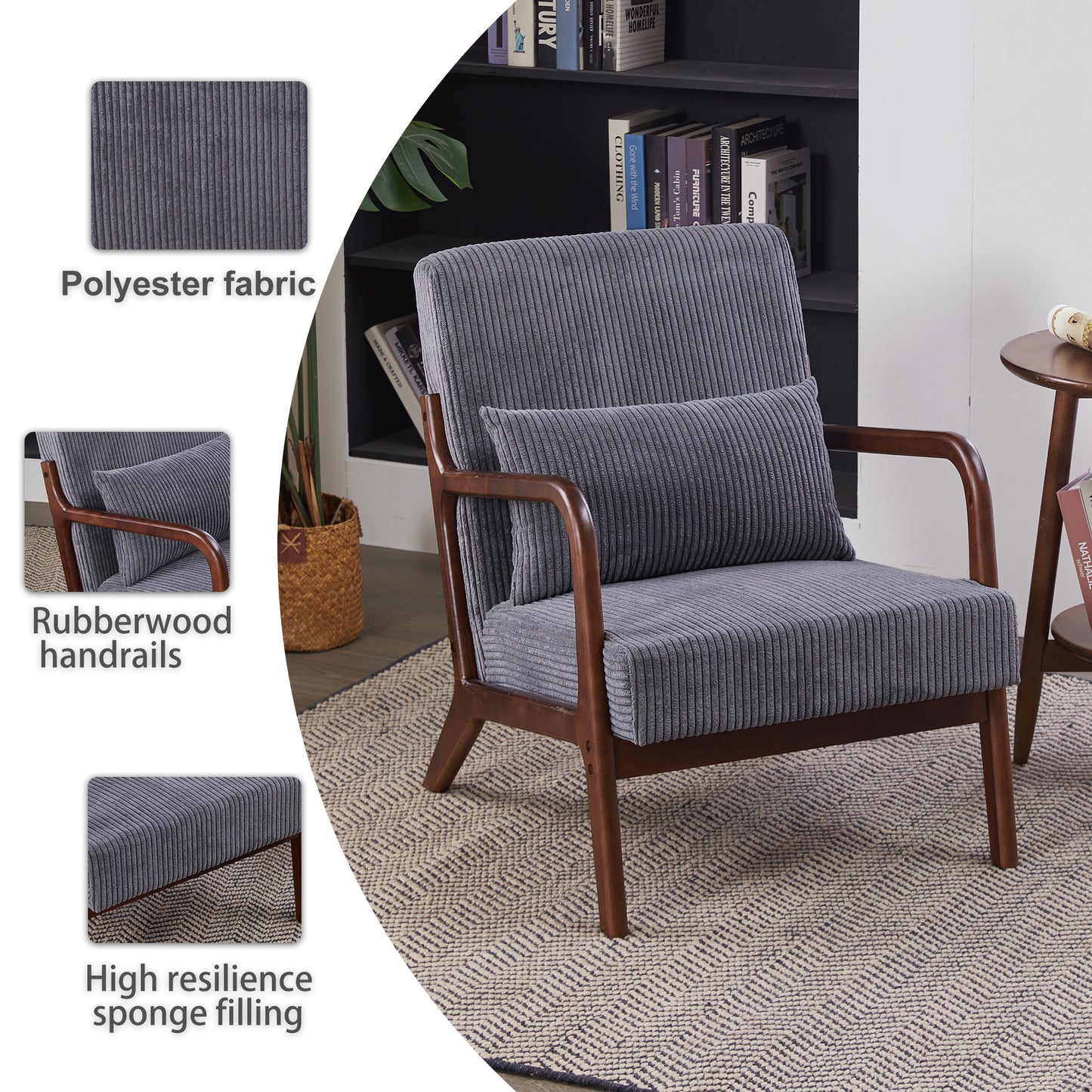 Mid-Century Modern Accent Chair - Antique Dark Grey Upholstered Armchair