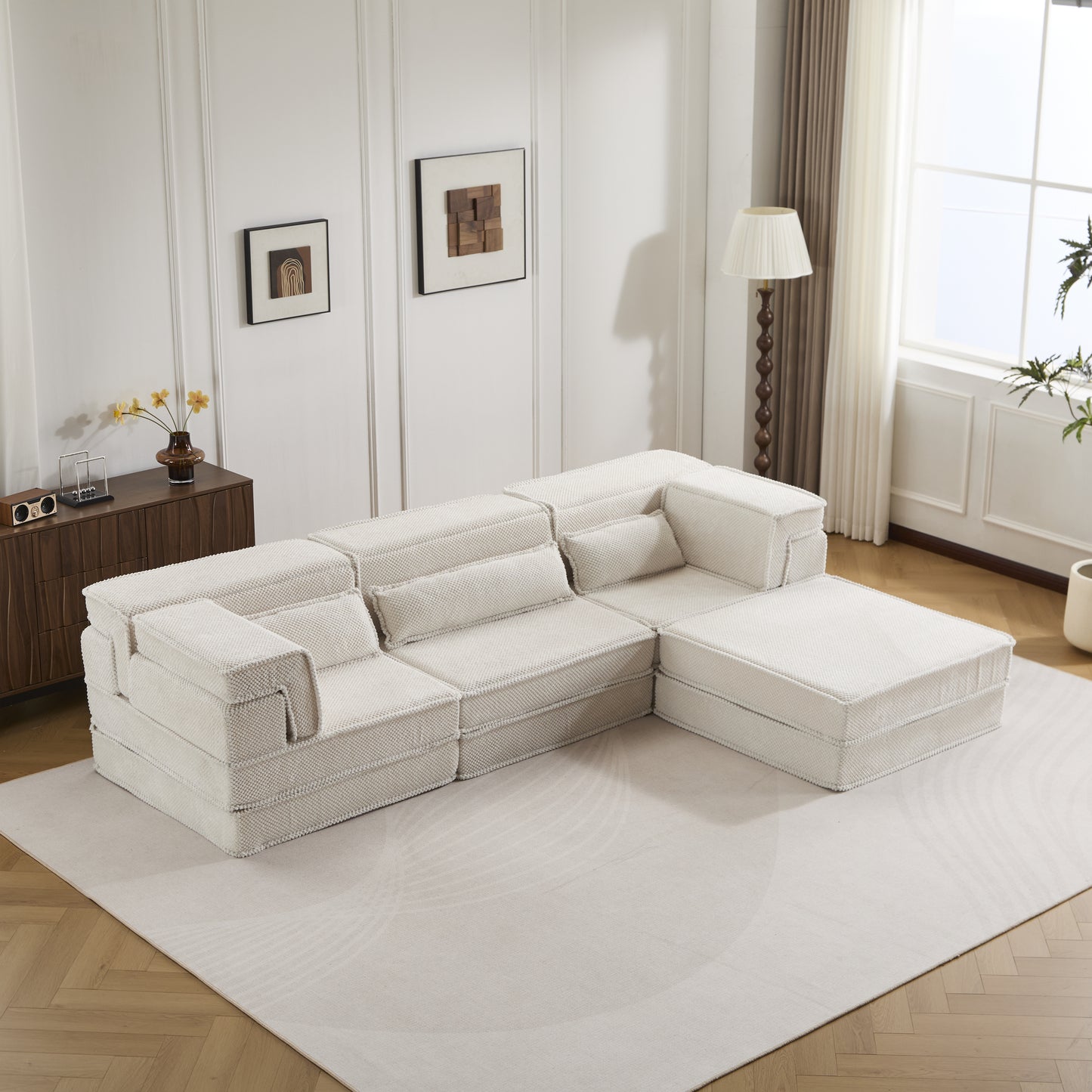 Oversized Modular Sectional Sofa Bed - White Fabric, 4 Seater