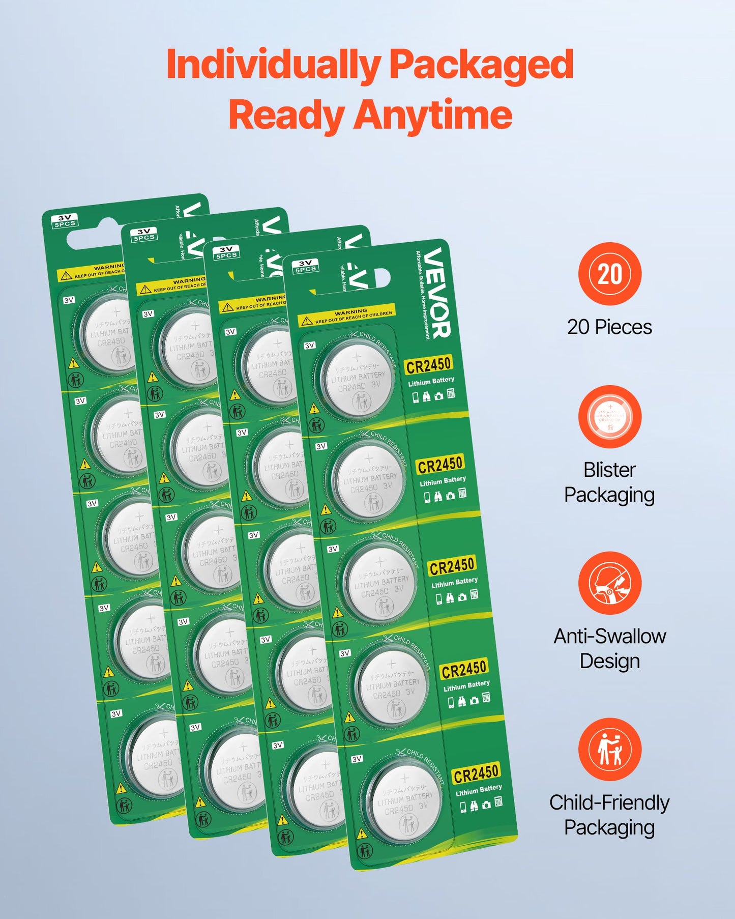 CR2450 Lithium Coin Battery Pack 20 Count Long-Lasting 3V for Key Fobs Devices