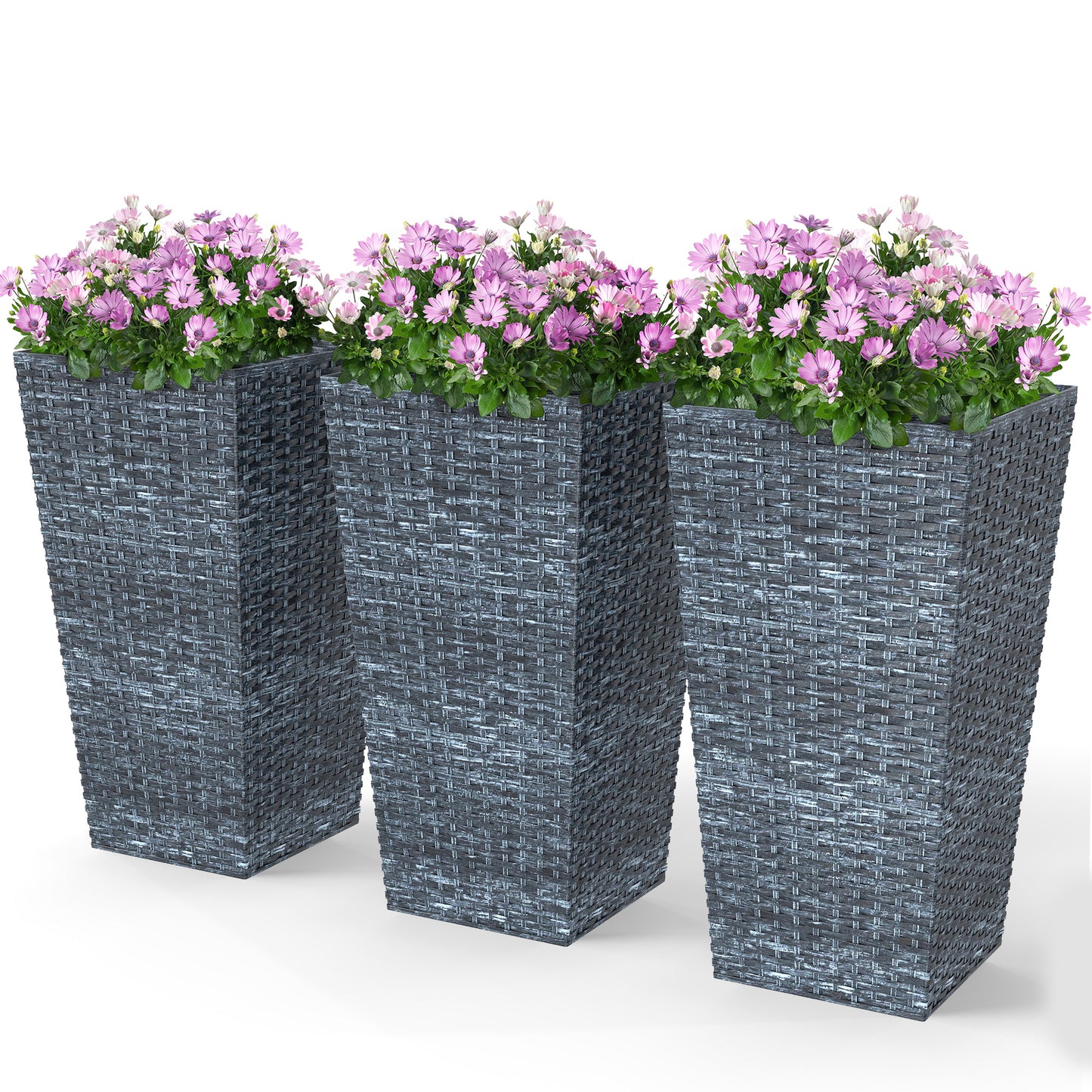 Set of 3 Tall Outdoor Plant Planters 24 Inch Taper with Drainage Holes Gray
