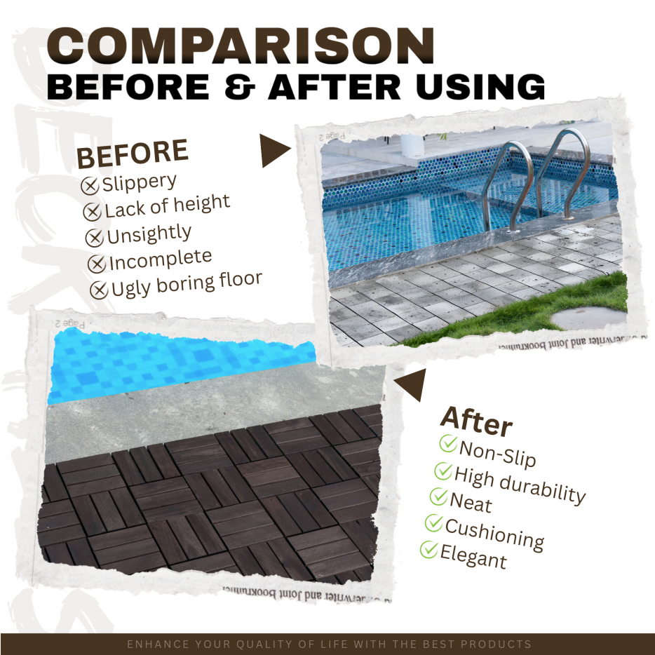 Outdoor Interlocking Deck Tiles - 10-Pack Acacia Wood Square Flooring for Patio & Poolside, Waterproof & Anti-Mildew, Dark Brown