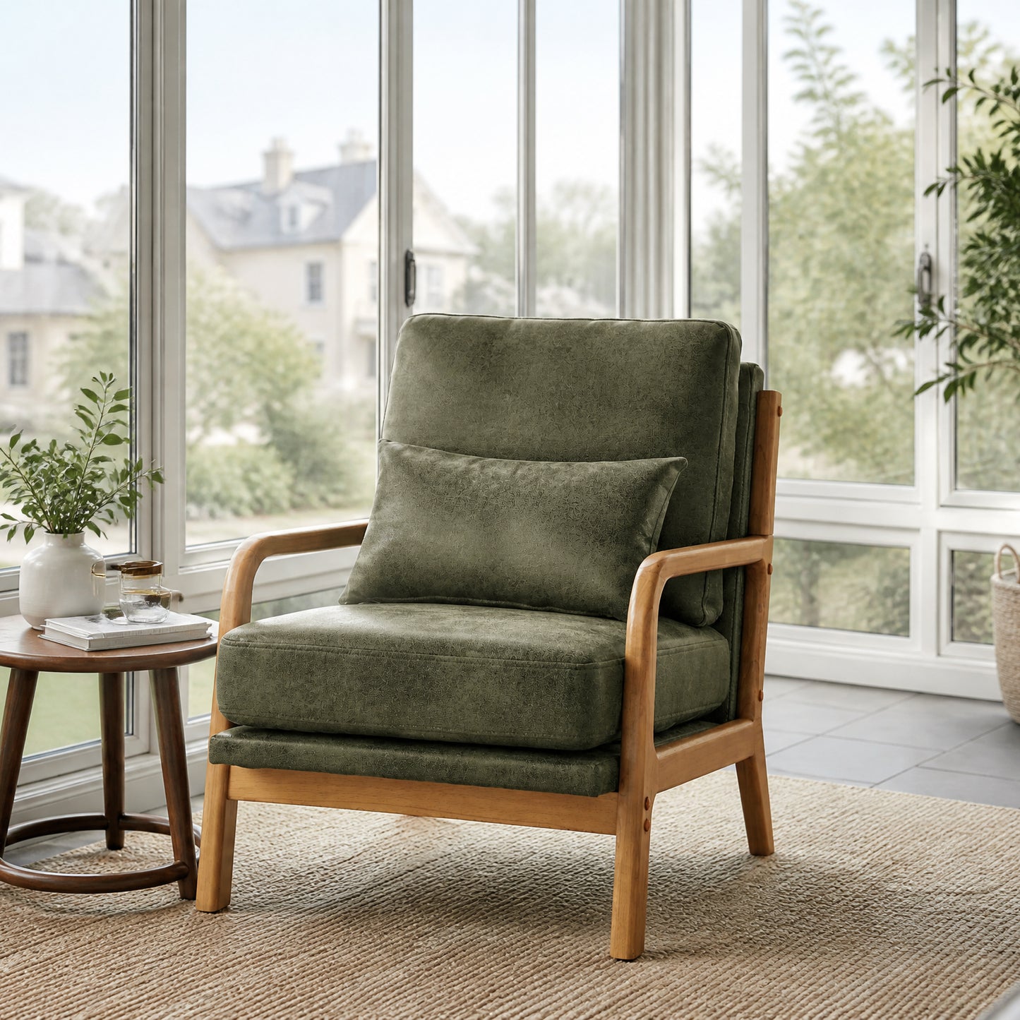 Mid-Century Modern Wooden Lounge Chair - Olive Green