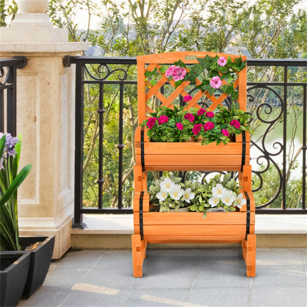 2-Tier Fir Wood Raised Garden Bed with Trellis - Outdoor Planter Box