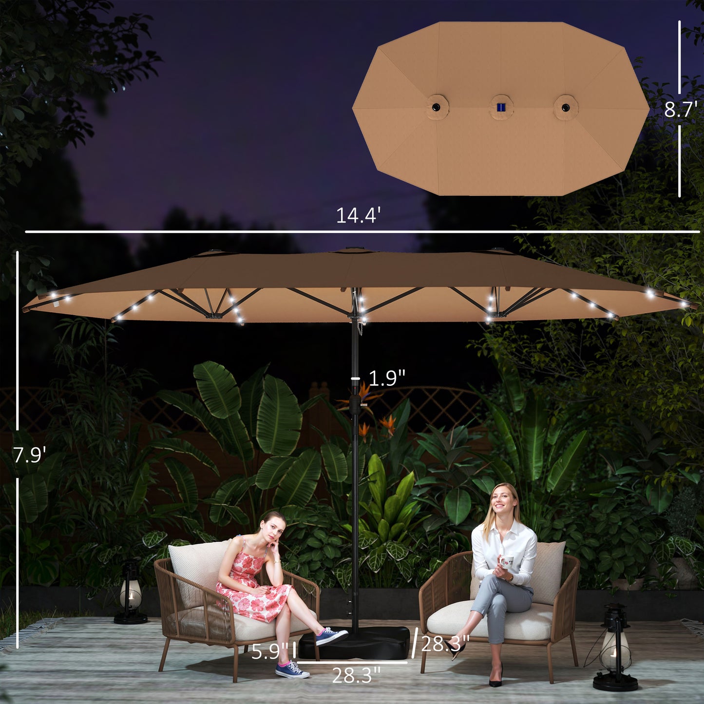 14.4 ft Double-Sided Garden Parasol with LED Solar Lights - Khaki